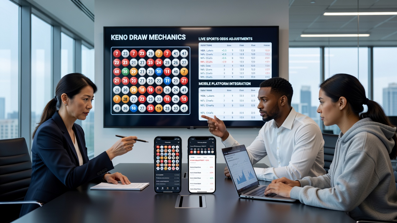 Close-up of a tablet screen showing synchronized Keno number draws and dynamic sports odds updates